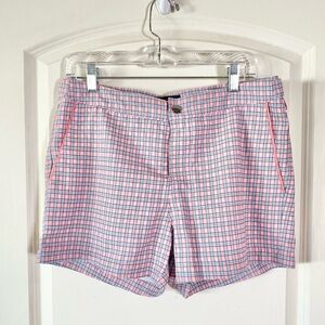 NWT Original Penguin Coral and Blue Plaid Flat Snap Front Hybrid Swim Trunks 32